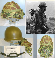 Original Vietnam War Era U.S. Army M1 Steel Combat Helmet With Vietnam War Era USMC Frogskin Helmet Cover / Mosquito Net, 1969 Stores Code Shell Liner & Original Parachutists Chinstrap Cup & Helmet Instruction Manual. HE 344  Other Accessory