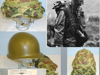 Original Vietnam War Era U.S. Army M1 Steel Combat Helmet With Vietnam War Era USMC Frogskin Helmet Cover / Mosquito Net, 1969 Stores Code Shell Liner & Original Parachutists Chinstrap Cup & Helmet Instruction Manual. HE 344  Other Accessory