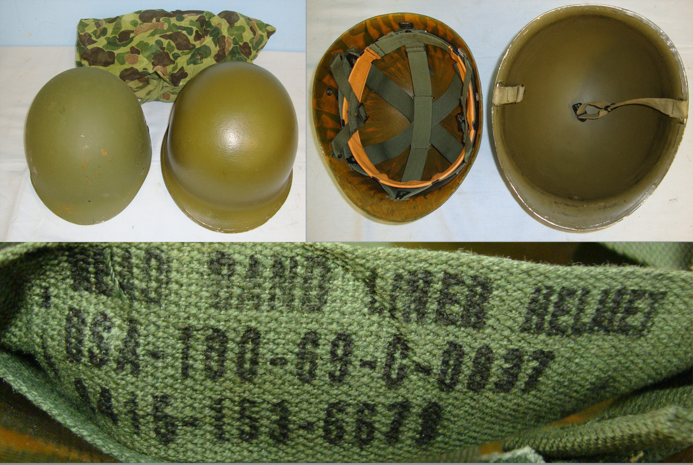 Original Vietnam War Era U.S. Army M1 Steel Combat Helmet With Vietnam War Era USMC Frogskin Helmet Cover / Mosquito Net, 1969 Stores Code Shell Liner & Original Parachutists Chinstrap Cup & Helmet Instruction Manual. HE 344  Other Accessory