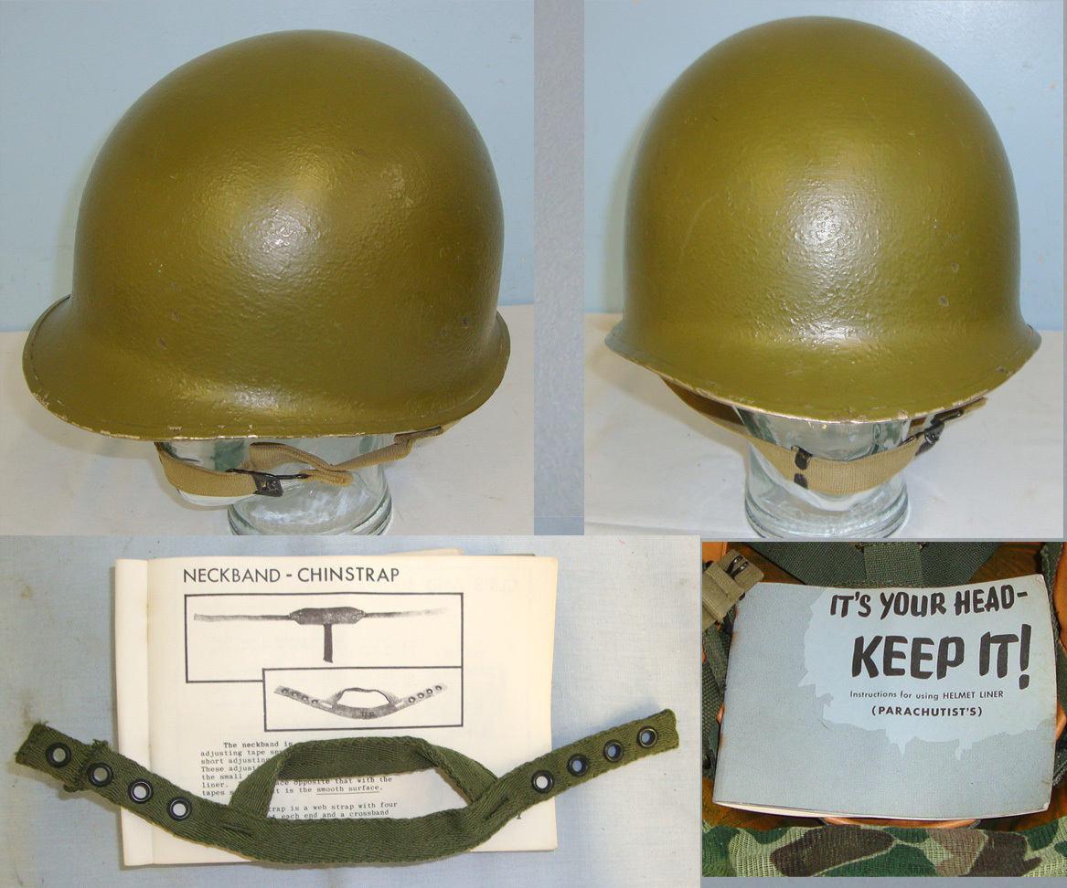  Original Vietnam War Era U.S. Army M1 Steel Combat Helmet With Vietnam War Era USMC Frogskin Helmet Cover / Mosquito Net, 1969 Stores Code Shell Liner & Original Parachutists Chinstrap Cup & Helmet Instruction Manual. HE 344  Other Accessory