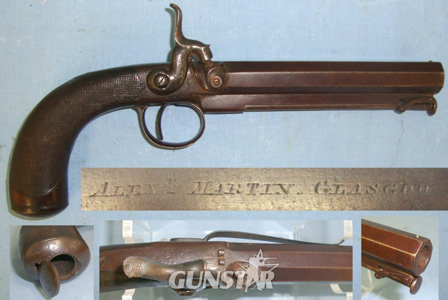 C1840 Scottish Alexander Martin Of Glasgow (Edinburgh Aberdeen & Stirling)Steel Frame 38 Bore Belt Pistol With Octagonal Barrel, Butt Trap, Belt Bar & Captive Ramrod. Sn 22362 .38 Single Shot in 