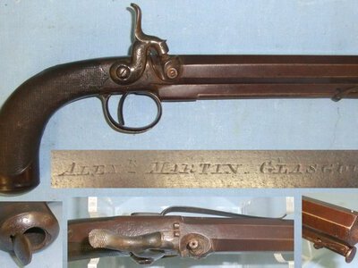 C1840 Scottish Alexander Martin Of Glasgow (Edinburgh Aberdeen & Stirling)Steel Frame 38 Bore Belt Pistol With Octagonal Barrel, Butt Trap, Belt Bar & Captive Ramrod. Sn 22362 .38 Single Shot