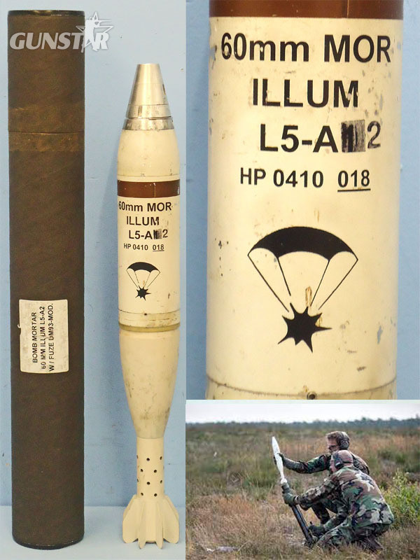 INERT DEACTIVATED. British 60MM L5-A1 6 Illuminating Mortar & Black Cardboard Transit Tube. - O 1945 INERT DEACTIVATED. British 60MM L5-A1 6 Illuminating Mortar & Black Cardboard Transit Tube. - O 1945  Other Ammunition in 