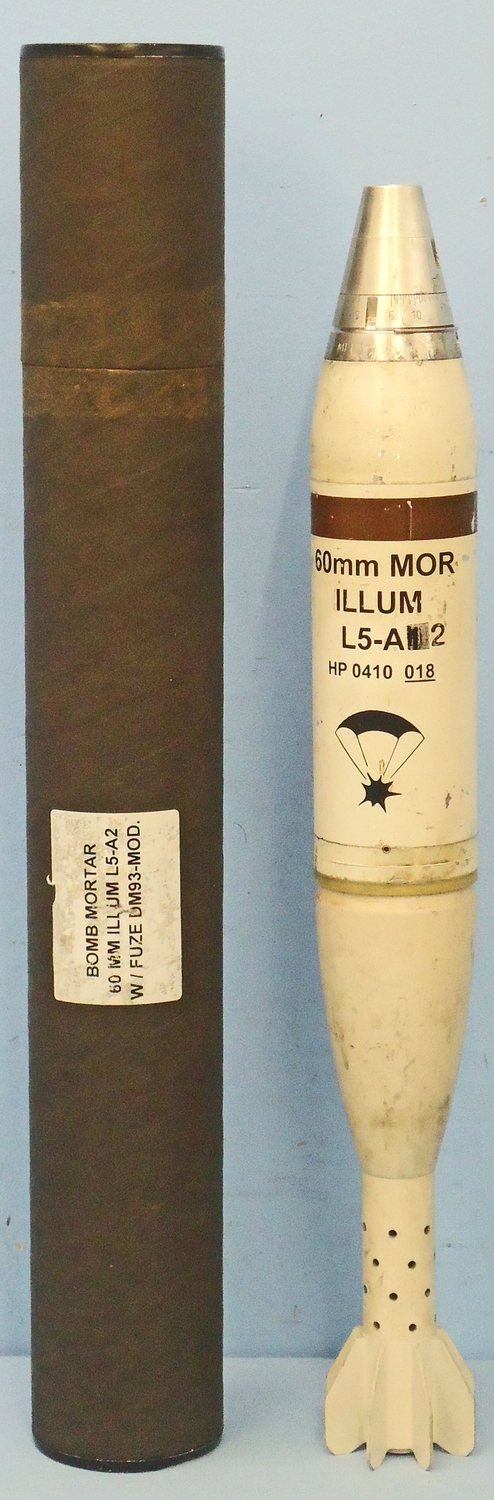 INERT DEACTIVATED. British 60MM L5-A1 6 Illuminating Mortar & Black Cardboard Transit Tube. - O 1945 INERT DEACTIVATED. British 60MM L5-A1 6 Illuminating Mortar & Black Cardboard Transit Tube. - O 1945  Other Ammunition - {CATEGORY} in 