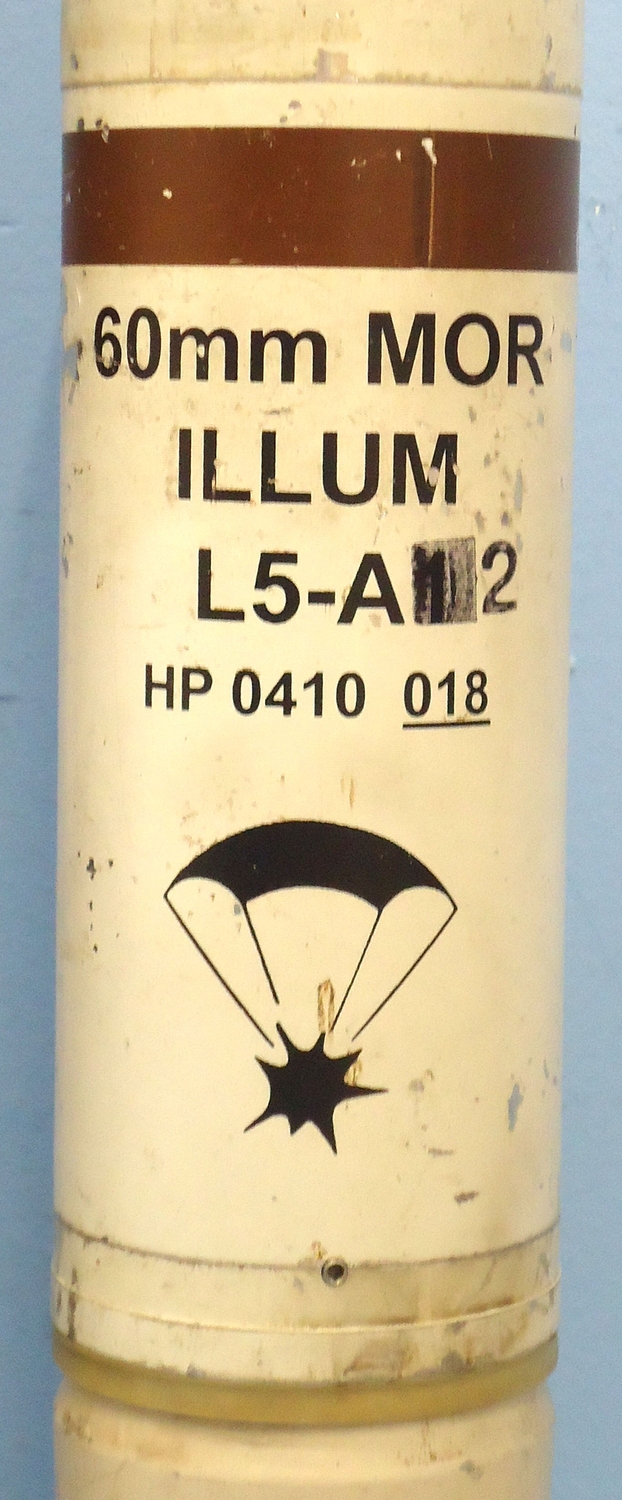 {CATEGORY} - INERT DEACTIVATED. British 60MM L5-A1 6 Illuminating Mortar & Black Cardboard Transit Tube. - O 1945 INERT DEACTIVATED. British 60MM L5-A1 6 Illuminating Mortar & Black Cardboard Transit Tube. - O 1945  Other Ammunition in 