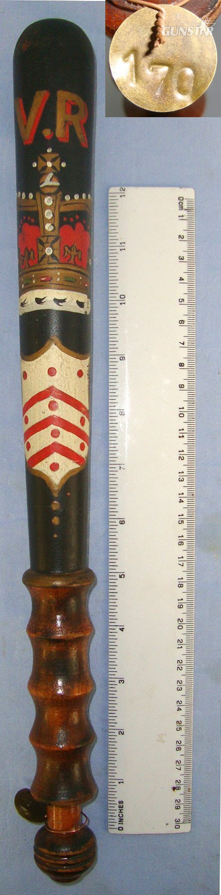 Victorian Era Gloucestershire Constabulary Queen’s Crown Hand Painted Decoration Ebonised Wood Police Truncheon With Collection Number Brass Tag 170 **FROM THE GEORGE RALPH LEYLAND COLLECTION OF TRUNCHEONS & TIPSTAFFS** Sn 22807  Antique & Militaria in 
