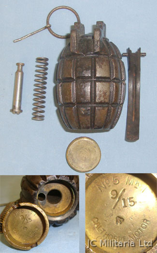 INERT**DEACTIVATED**WW1 September 1915, British WD Mills No 5 MK 1, Hand Grenade INERT**DEACTIVATED**WW1 September 1915, British WD Mills No 5 MK 1, Hand Grenade Antique & Militaria