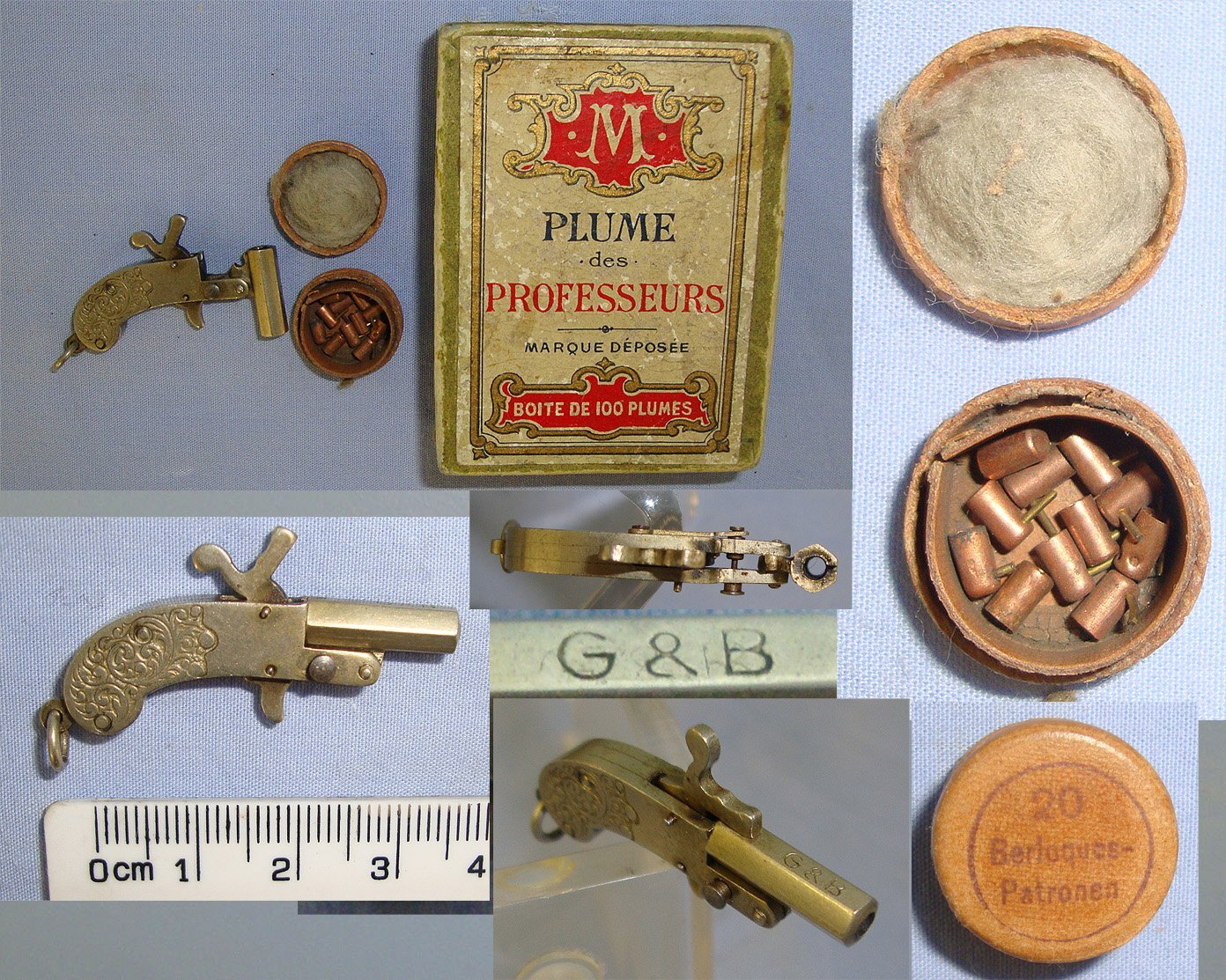 MINIATURE**EXPERTLY CRAFTED**Boxed German / Austrian G&B Late 19th Century Break Action Pin Fire Metal Pistol With A Small Quantity Of 1mm Pin Fire Blank Cartridges. Sn 23708:1 miniature pistol Obsolete Single Shot