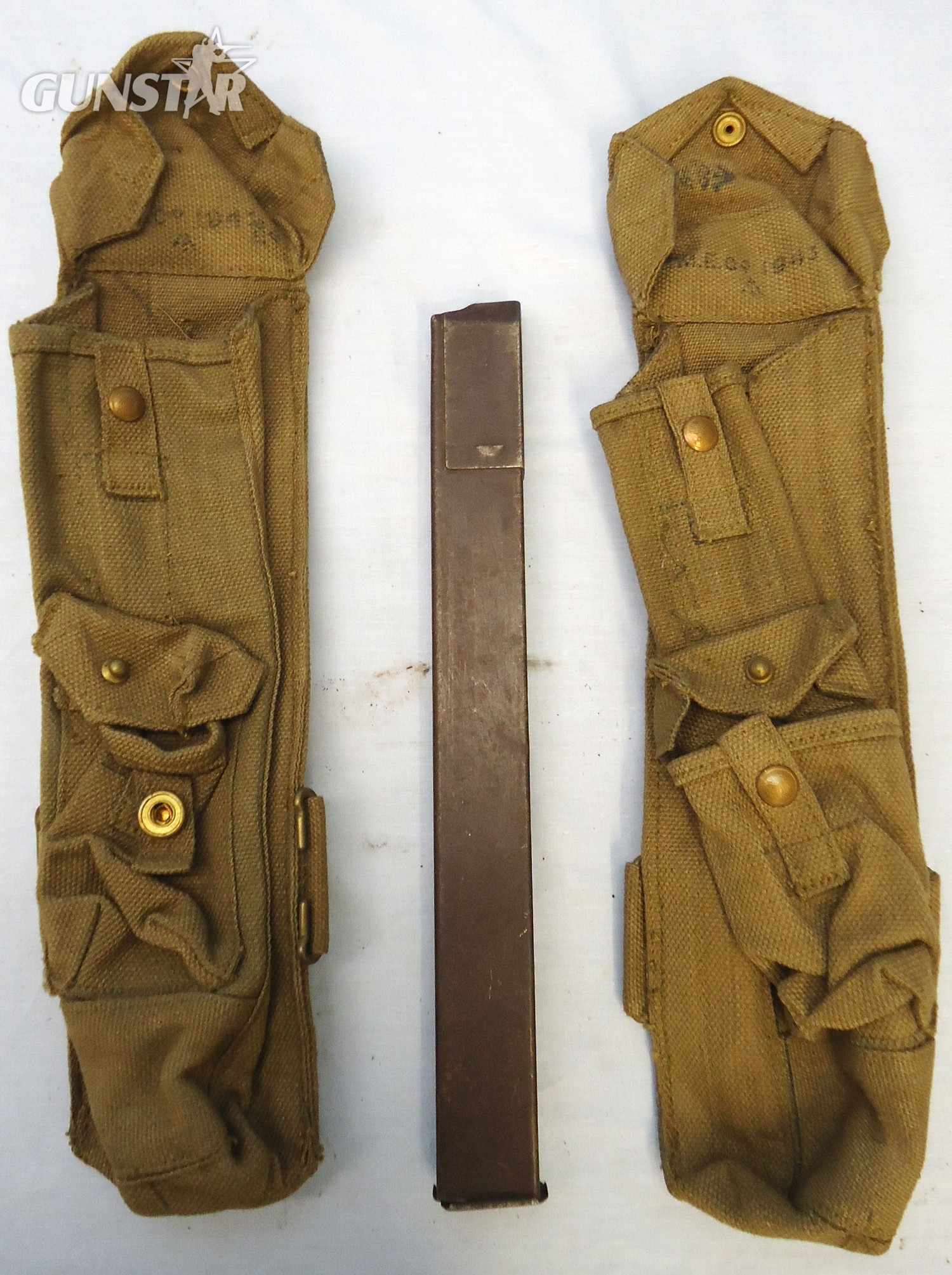 WW2, 1943 Dated, British, Pair of Lanchester Sub Machine Gun, 3 Magazine Pattern 37 Webbing Pouch. - MISC 893 WW2, 1943 Dated, British, Pair of Lanchester Sub Machine Gun, 3 Magazine Pattern 37 Webbing Pouch. - MISC 893 Other Accessory in 