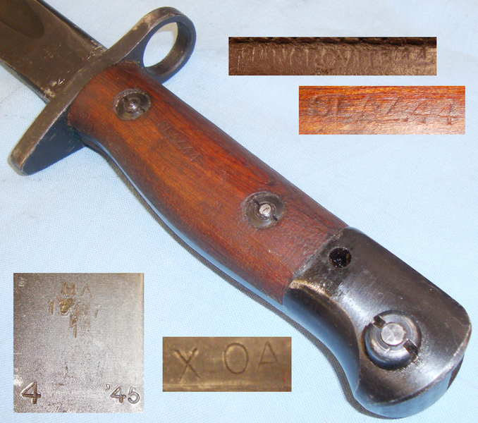 Scarce* WWII Owen Sub Machine Gun Mk 1 Bayonet and Scabbard with Orange & Mangrovite Arsenal Markings. BAYO 407. Bayonet