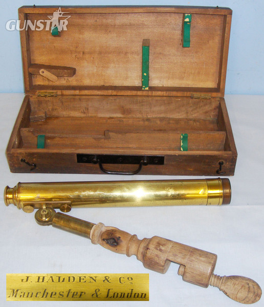 Early 20th Century, Cased, British J. Halden & Co Manchester & London Brass 2 Draw Telescope with Period Wood Desk / Table Stand. Sn 14978. Early 20th Century, Cased, British J. Halden & Co Manchester & London Brass 2 Draw Telescope with Period Wood Desk / Table Stand. Sn 14978. Other Accessory in 