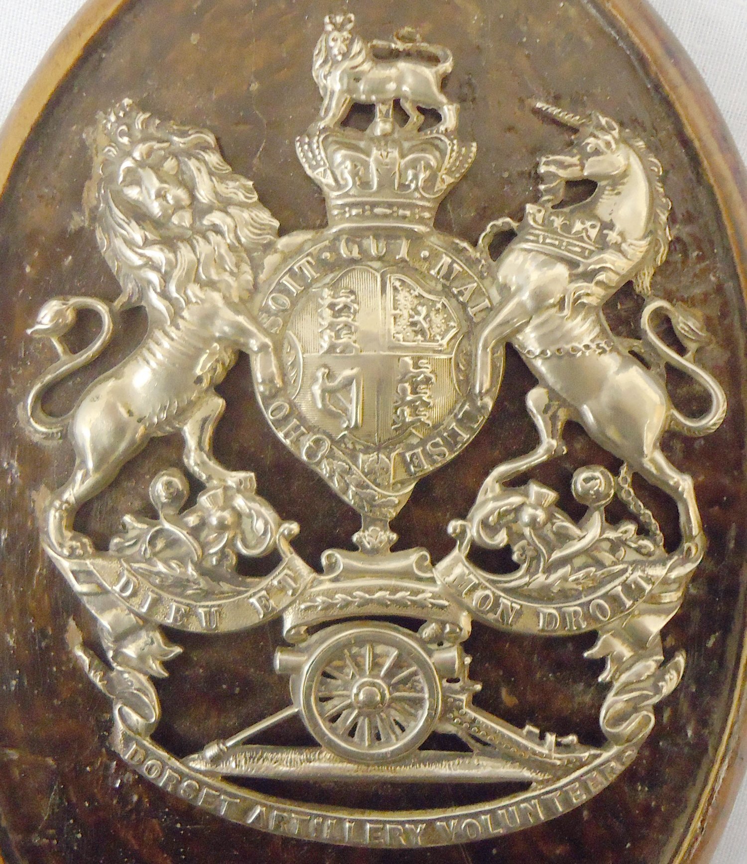 1st Dorset Artillery Volunteers Victorian Helmet Plate Circa 1878-1901 Mounted on a Walnut Plate. 22426:48. 1st Dorset Artillery Volunteers Victorian Helmet Plate Circa 1878-1901 Mounted on a Walnut Plate. 22426:48.  Antique & Militaria