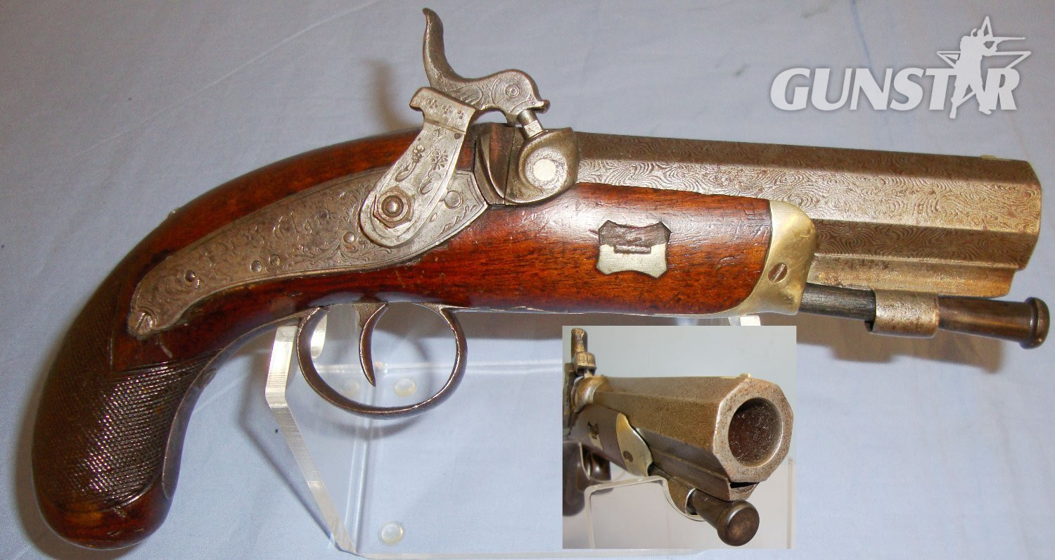 QUALITY C1840 English R.S. Clarke 16 Bore Percussion Traveling Pistol with Octagonal Damascus Barrel, German Silver Mounts & Ram Rod. 15033. QUALITY C1840 English R.S. Clarke 16 Bore Percussion Traveling Pistol with Octagonal Damascus Barrel, German Silver Mounts & Ram Rod. 15033. 16 Bore/gauge Muzzleloader in 