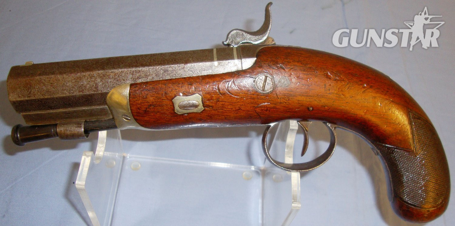  QUALITY C1840 English R.S. Clarke 16 Bore Percussion Traveling Pistol with Octagonal Damascus Barrel, German Silver Mounts & Ram Rod. 15033. QUALITY C1840 English R.S. Clarke 16 Bore Percussion Traveling Pistol with Octagonal Damascus Barrel, German Silver Mounts & Ram Rod. 15033. 16 Bore/gauge Muzzleloader