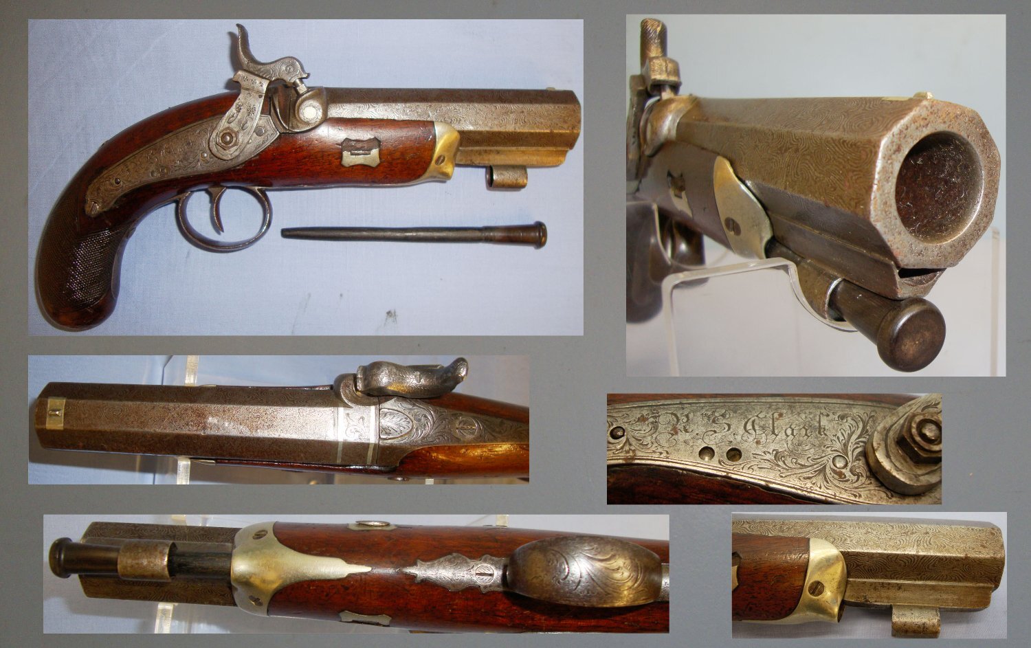 QUALITY C1840 English R.S. Clarke 16 Bore Percussion Traveling Pistol with Octagonal Damascus Barrel, German Silver Mounts & Ram Rod. 15033. QUALITY C1840 English R.S. Clarke 16 Bore Percussion Traveling Pistol with Octagonal Damascus Barrel, German Silver Mounts & Ram Rod. 15033. 16 Bore/gauge Muzzleloader