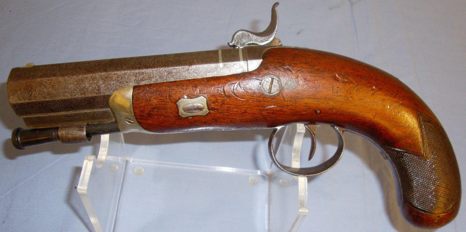  QUALITY C1840 English R.S. Clarke 16 Bore Percussion Traveling Pistol with Octagonal Damascus Barrel, German Silver Mounts & Ram Rod. 15033. QUALITY C1840 English R.S. Clarke 16 Bore Percussion Traveling Pistol with Octagonal Damascus Barrel, German Silver Mounts & Ram Rod. 15033. 16 Bore/gauge Muzzleloader