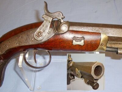 QUALITY C1840 English R.S. Clarke 16 Bore Percussion Traveling Pistol with Octagonal Damascus Barrel, German Silver Mounts & Ram Rod. 15033. QUALITY C1840 English R.S. Clarke 16 Bore Percussion Traveling Pistol with Octagonal Damascus Barrel, German Silver Mounts & Ram Rod. 15033. 16 Bore/gauge Muzzleloader