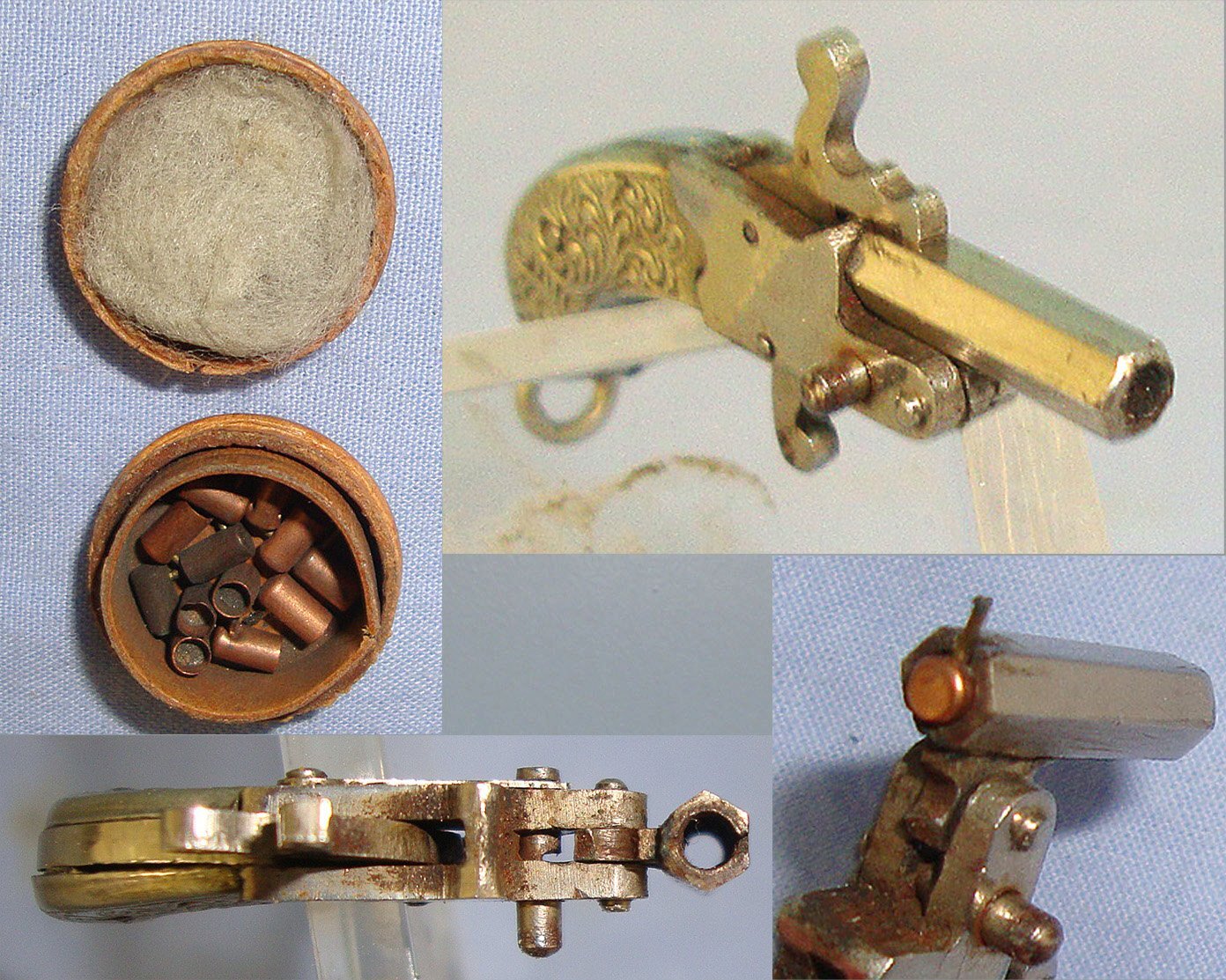 MINIATURE**EXPERTLY CRAFTED**German / Austrian Late 19th Century Break Action Pin Fire Metal Pistol With German Silver Grips & Period Ammunition Box Containing A Small Quantity Of 1mm Pin Fire Blank Cartridges. Sn 23708:2  miniature pin fire pistol  Obsolete Single Shot