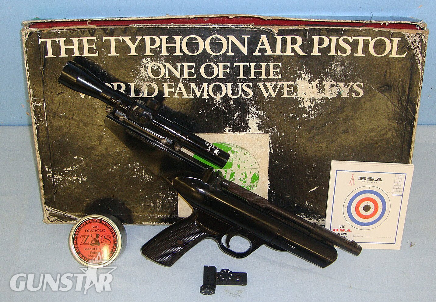 Boxed 1977-1982 Webley Typhoon .22 Calibre Air Pistol With Sussex Armoury Telescopic Sight & Accessories. Sn 23608  air pistol .22 in 