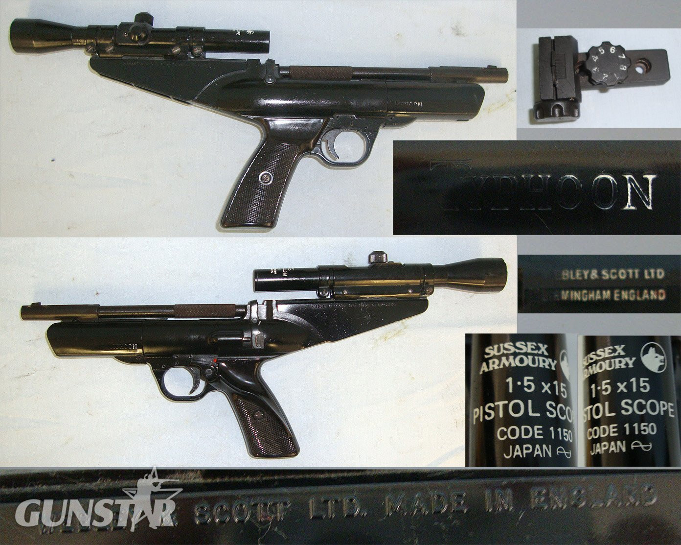 Boxed 1977-1982 Webley Typhoon .22 Calibre Air Pistol With Sussex Armoury Telescopic Sight & Accessories. Sn 23608  air pistol .22