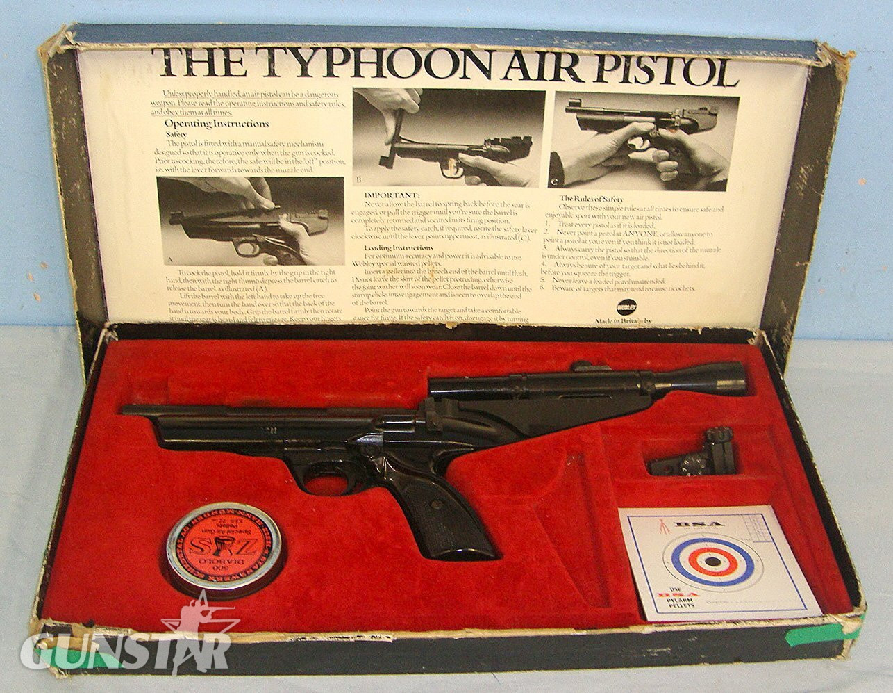  Boxed 1977-1982 Webley Typhoon .22 Calibre Air Pistol With Sussex Armoury Telescopic Sight & Accessories. Sn 23608  air pistol .22