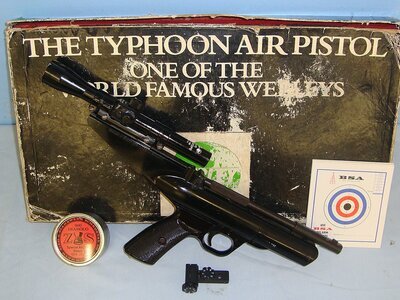 Boxed 1977-1982 Webley Typhoon .22 Calibre Air Pistol With Sussex Armoury Telescopic Sight & Accessories. Sn 23608 air pistol .22