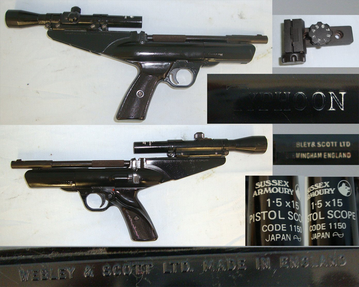 Boxed 1977-1982 Webley Typhoon .22 Calibre Air Pistol With Sussex Armoury Telescopic Sight & Accessories. Sn 23608  air pistol .22
