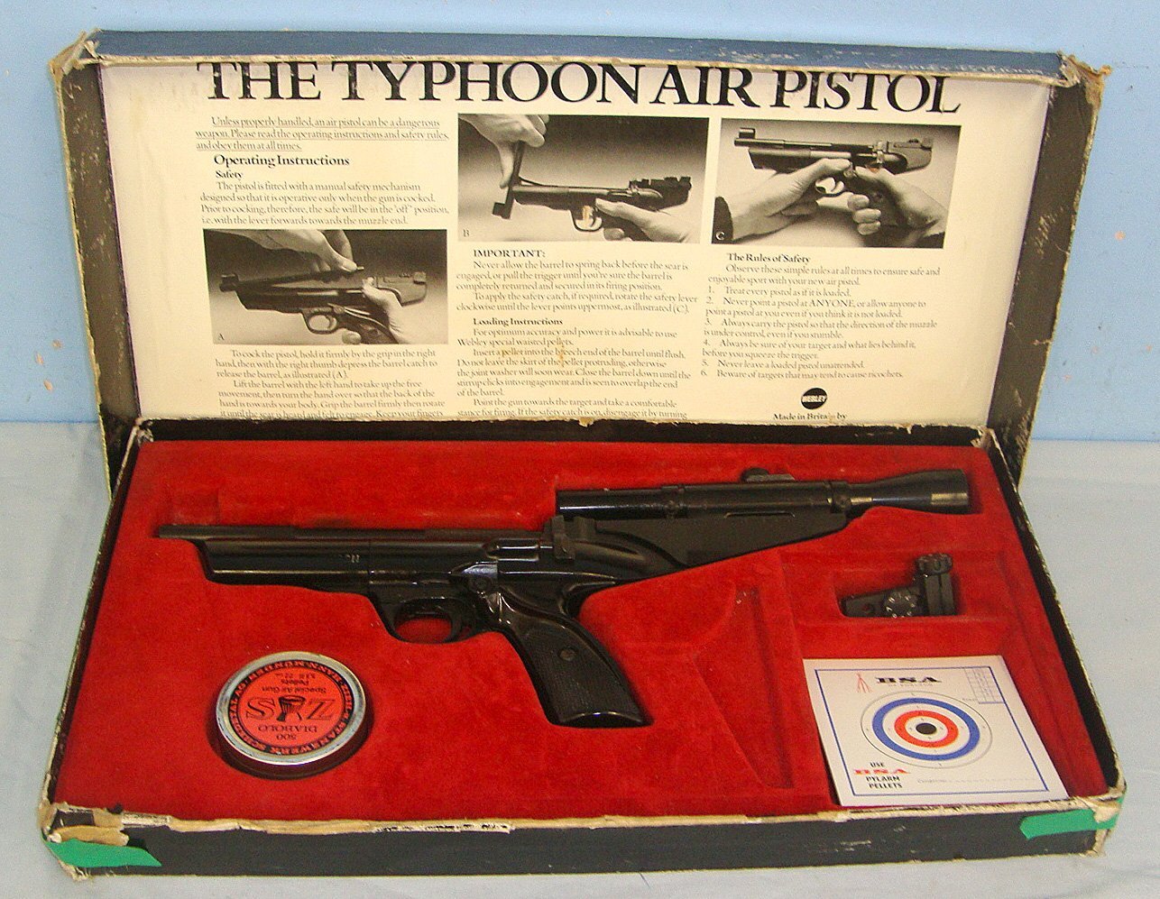  Boxed 1977-1982 Webley Typhoon .22 Calibre Air Pistol With Sussex Armoury Telescopic Sight & Accessories. Sn 23608  air pistol .22