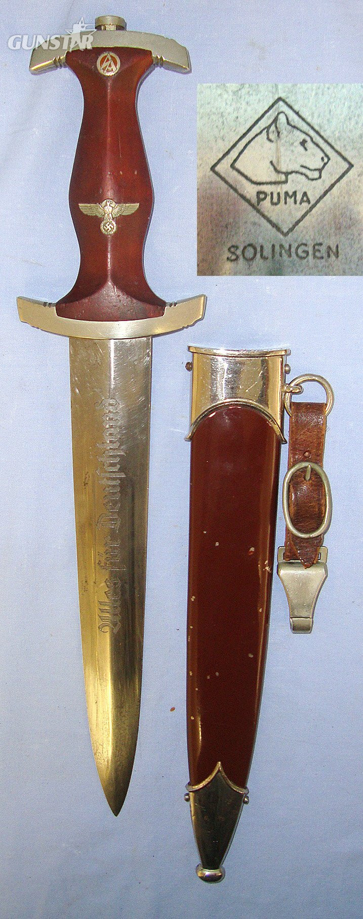 EARLY PRODUCTION**Nazi German 1933 Pattern SA Dagger With Etched Blade By Puma Solingen (Rarity Value 6), To ‘Wm’ SA Group Westmark (Saarbrucken), Scabbard & Hanger With Assman DRGM Marked Clasp. Sn 23484:108 Dagger in 