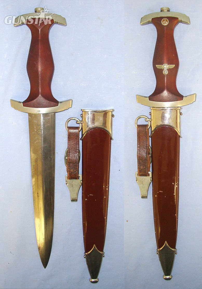 EARLY PRODUCTION**Nazi German 1933 Pattern SA Dagger With Etched Blade By Puma Solingen (Rarity Value 6), To ‘Wm’ SA Group Westmark (Saarbrucken), Scabbard & Hanger With Assman DRGM Marked Clasp. Sn 23484:108 Dagger