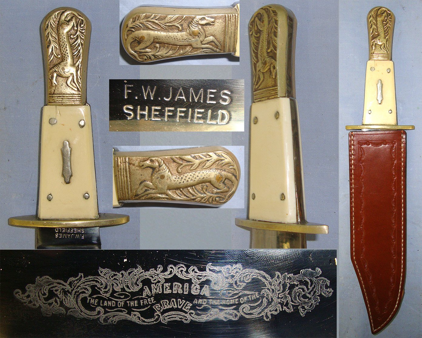 Large**Fred James Sheffield Made 'America Land Of The Free & Home Of The Brave' Bowie Knife With Etched Blade, Polished Horn Scales, Embossed Mythical Hybrid Horse / Leopard Brass Pommel Bolsters & Leather Scabbard. Sn 23366 Knive