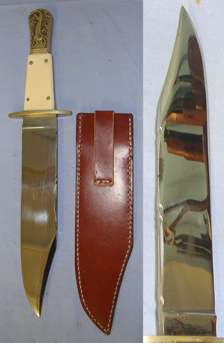  Large**Fred James Sheffield Made 'America Land Of The Free & Home Of The Brave' Bowie Knife With Etched Blade, Polished Horn Scales, Embossed Mythical Hybrid Horse / Leopard Brass Pommel Bolsters & Leather Scabbard. Sn 23366 Knive