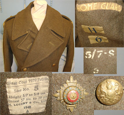  H.Lotery & Co., Ltd. 1939 Pattern British WD Home Guards Officer’s Khaki Winter Great Coat, Size 5, B Clothing