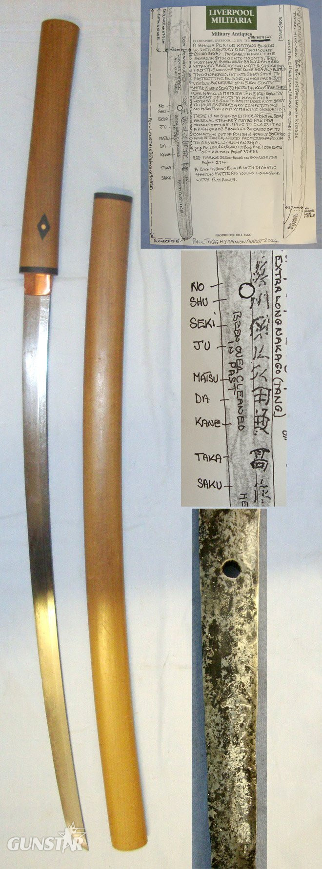 HIGH GRADE SHOWA-TO**WW2 Period Japanese Katana Sword Blade Seki Gunto Smith Signed ‘NOSHU SEKI JU MATSUDA KANE TAKA SAKU’ In Protective Wood Shira Saya Resting Mounts & Expert Assessment. Sn 22019 Sword in 