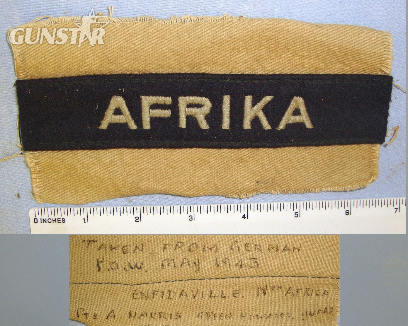 WAR TROPHY ** TAKEN FROM GERMAN POW 1943 AT ENFIDAVILLE NORTH AFRICA BY BRITISH PTE A. HARRIS GREEN HOWARDS GUARD** WW2 DAK (Deutsches Afrikakorps) Cuff Title Attached To Piece Of Original German Tropical Uniform Sleeve. Sn 23068:2  Antique & Militaria in 