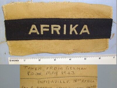 WAR TROPHY ** TAKEN FROM GERMAN POW 1943 AT ENFIDAVILLE NORTH AFRICA BY BRITISH PTE A. HARRIS GREEN HOWARDS GUARD** WW2 DAK (Deutsches Afrikakorps) Cuff Title Attached To Piece Of Original German Tropical Uniform Sleeve. Sn 23068:2  Antique & Militaria