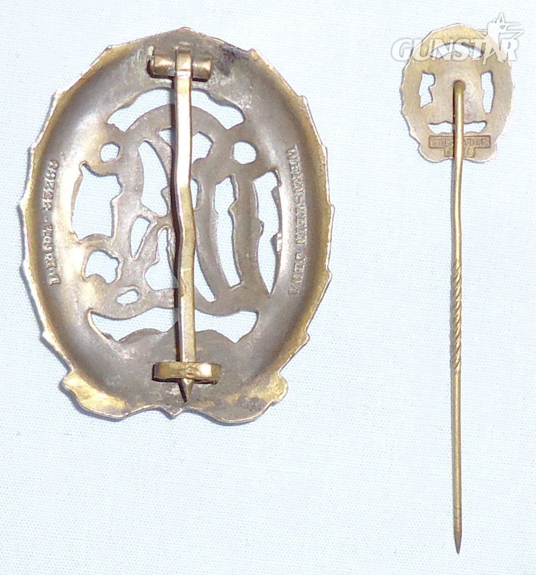  Matching* Original German WWII D.R.L. Sports Bronze Badge maker marked “Wernstein, Jena” and Matching Pin. N 183. Matching* Original German WWII D.R.L. Sports Bronze Badge maker marked “Wernstein, Jena” and Matching Pin. N 183. Antique & Militaria