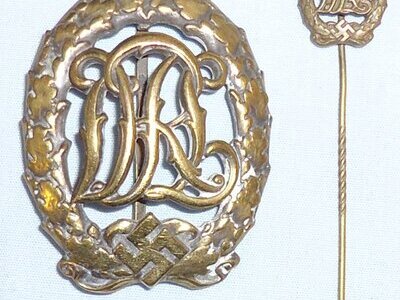Matching* Original German WWII D.R.L. Sports Bronze Badge maker marked “Wernstein, Jena” and Matching Pin. N 183. Matching* Original German WWII D.R.L. Sports Bronze Badge maker marked “Wernstein, Jena” and Matching Pin. N 183. Antique & Militaria