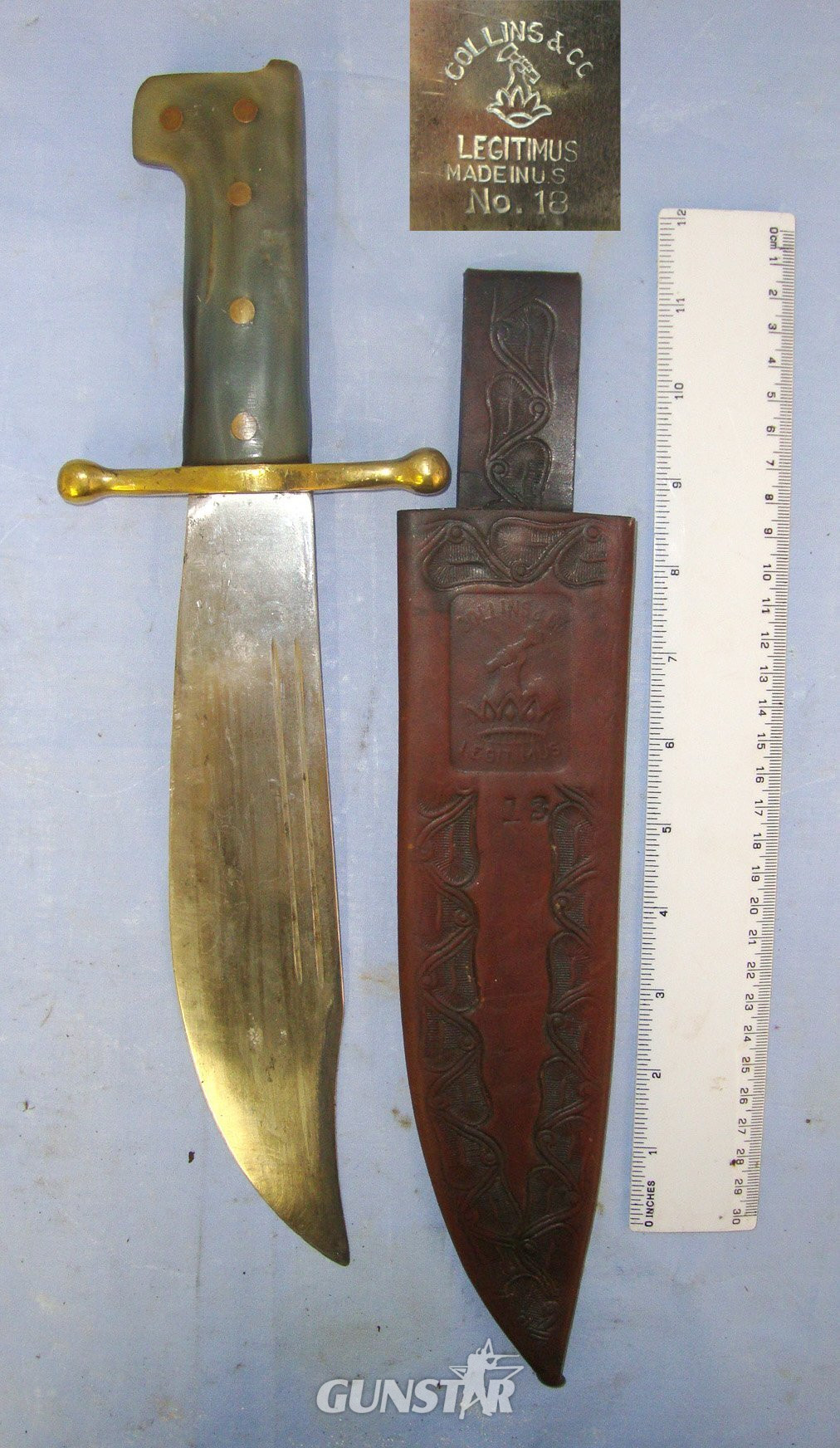 MATCHING**WW2 U.S.M.C. Collins & Co Legitimus No.18 V-44 Combat / Survival Bowie Knife With Attractive 2 Tone Polished Horn Scales & Collins & Co Legitimus No.18 Scabbard. Sn 22671 Knive in 
