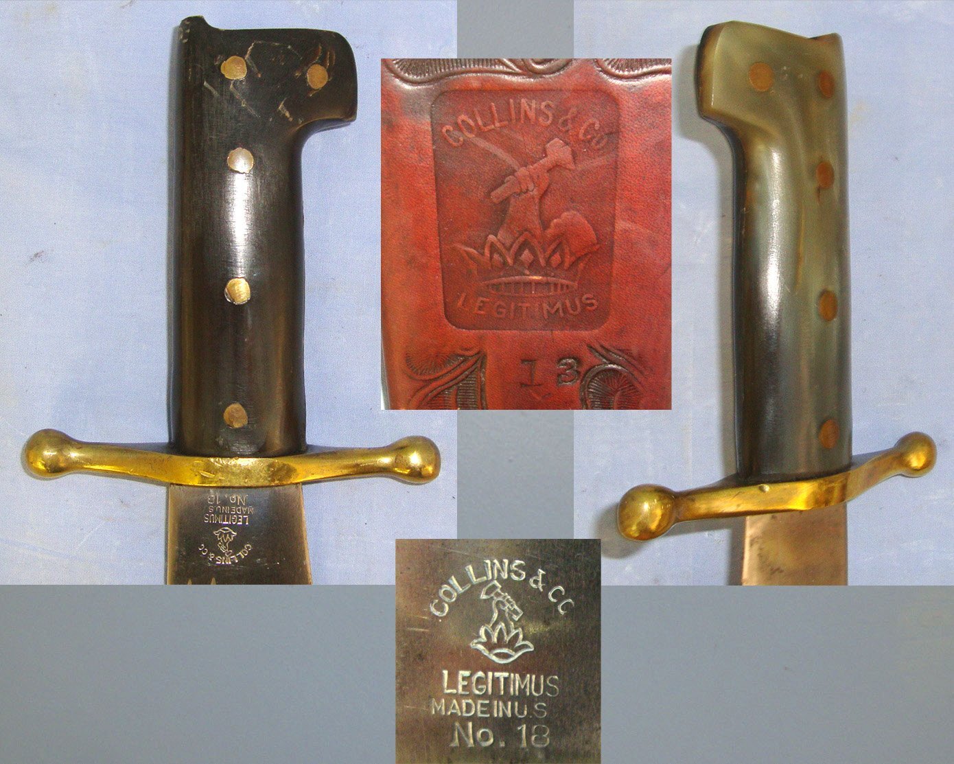 MATCHING**WW2 U.S.M.C. Collins & Co Legitimus No.18 V-44 Combat / Survival Bowie Knife With Attractive 2 Tone Polished Horn Scales & Collins & Co Legitimus No.18 Scabbard. Sn 22671 Knive