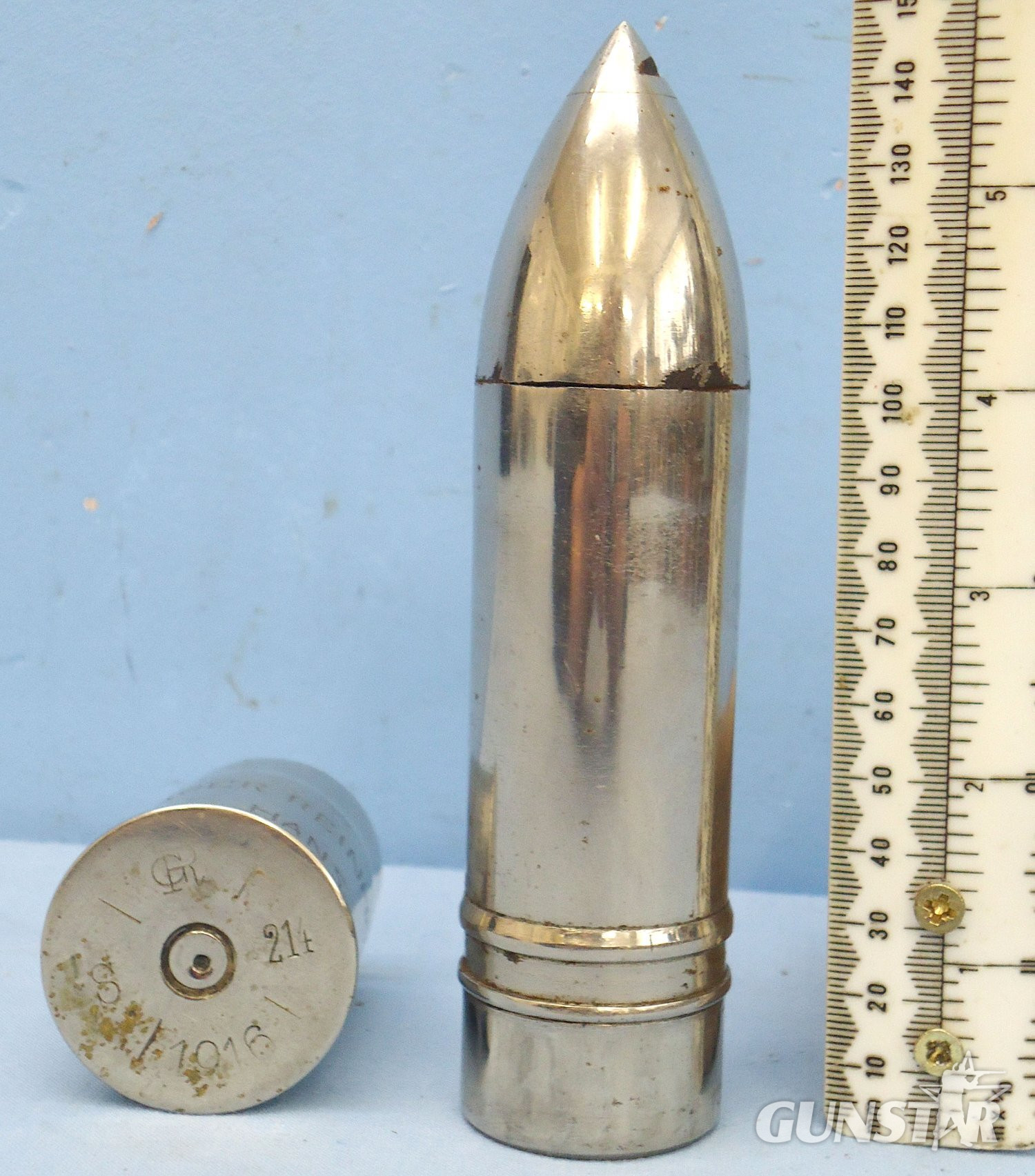 INERT DEACTIVATED. WW1 Austrian, 1916 Dated, George Roth 37MM Trench Gun (3.7 cm Infanteriegeschütz M.15) (37x57R) High Explosive Bouncing Presentation Round. Sn - 21687 INERT DEACTIVATED. WW1 Austrian, 1916 Dated, George Roth 37MM Trench Gun (3.7 cm Infanteriegeschütz M.15) (37x57R) High Explosive Bouncing Presentation Round. Sn - 21687  Other Ammunition