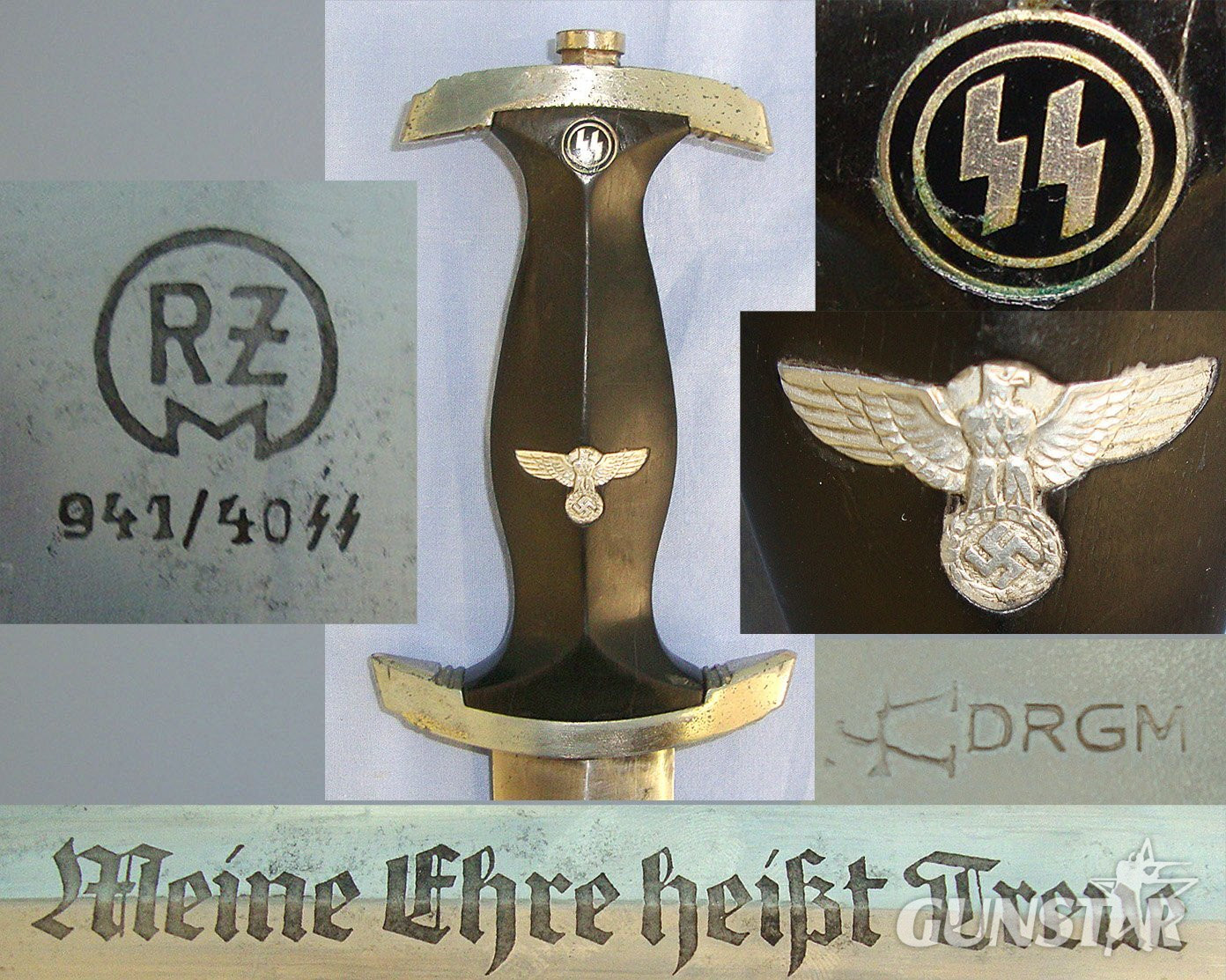 RARE**Wartime Production Early WW2 1940 Dated Nazi German 1933 Pattern SS Man’s Dagger By RZM 941 (Carl Eickhorn Solingen) With SS Runes & "Meine Ehre Heisst Treue" Motto Etched Blade, Scabbard & Assman DRGM Hanger Assembly. Sn 23484:109 Dagger