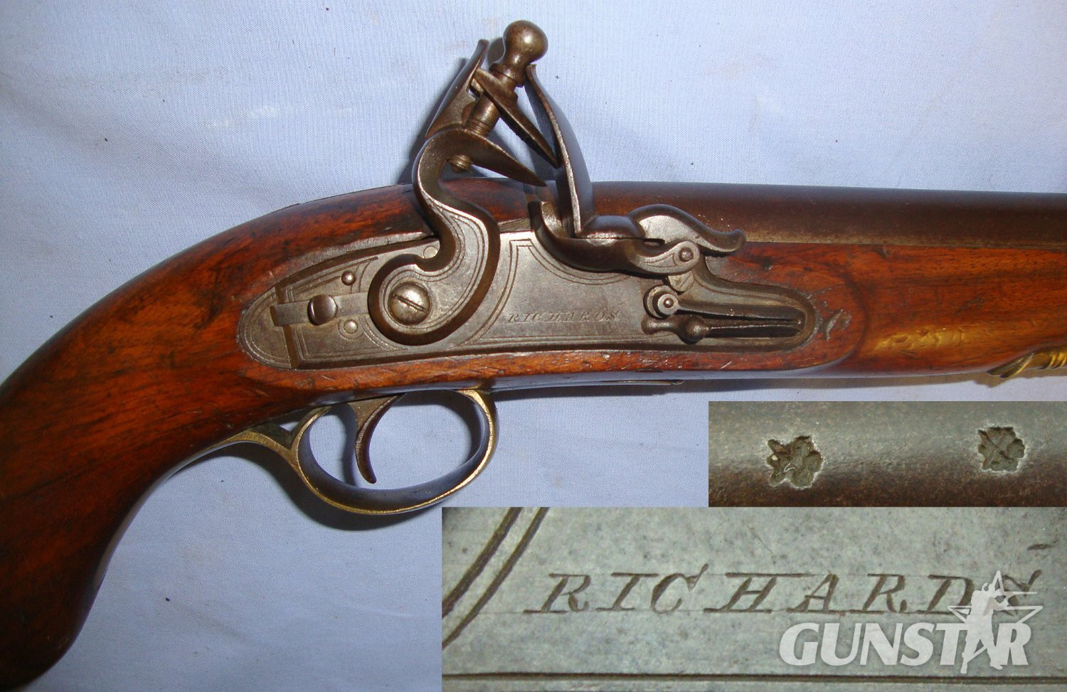 C1800 English Richards Flintlock 15 Bore Holster Pistol With Brass Fittings, Safety Bolt & Captive Iron Ram Rod. Sn 21393:20 flintlock pistol Various Muzzleloader