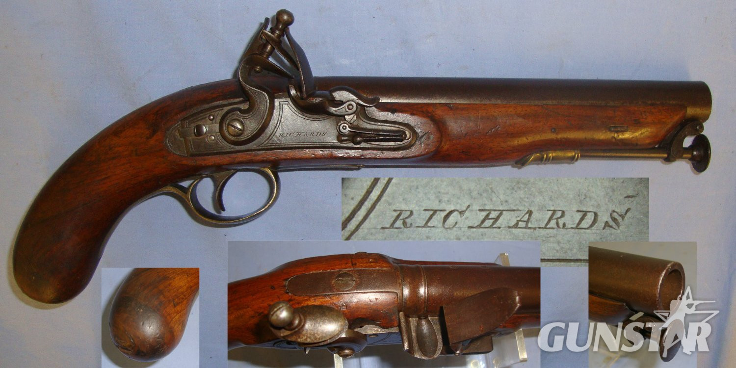 C1800 English Richards Flintlock 15 Bore Holster Pistol With Brass Fittings, Safety Bolt & Captive Iron Ram Rod. Sn 21393:20 flintlock pistol Various Muzzleloader in 