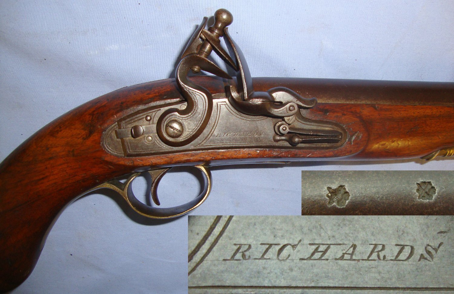 C1800 English Richards Flintlock 15 Bore Holster Pistol With Brass Fittings, Safety Bolt & Captive Iron Ram Rod. Sn 21393:20 flintlock pistol Various Muzzleloader