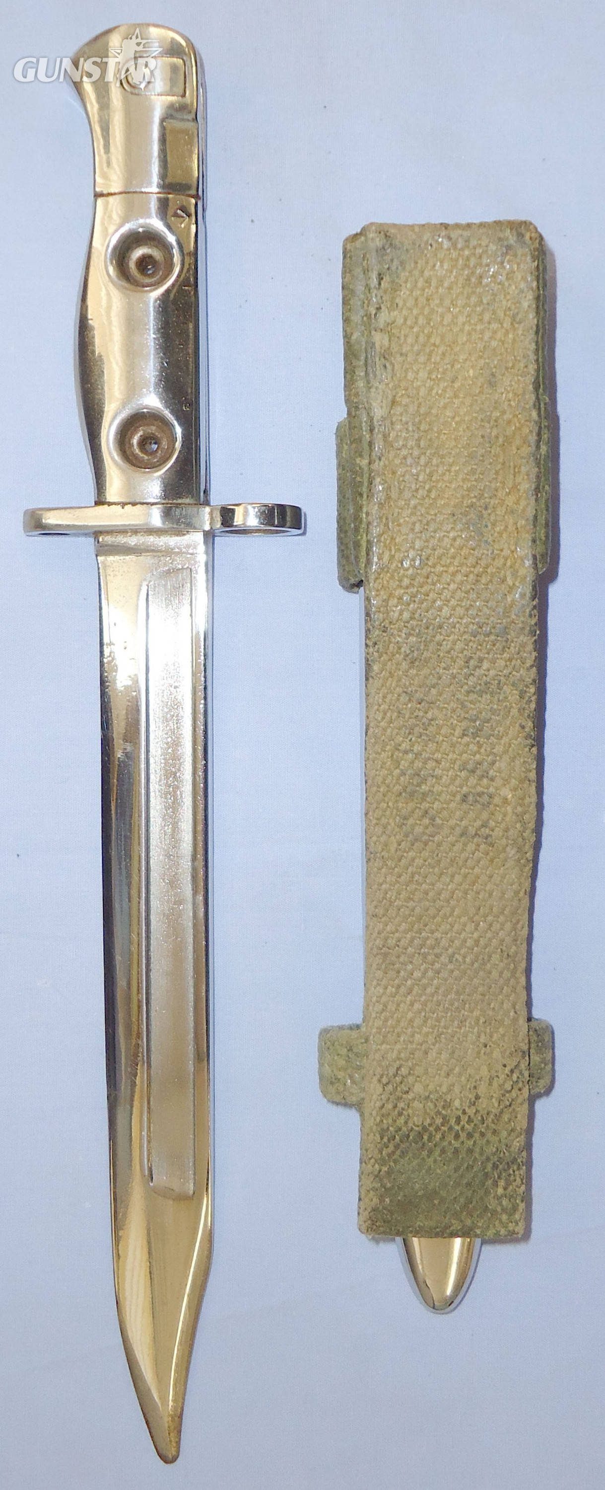  British (Chromed for Parade) SLR L1A3 Dated 1959 Bayonet by Birmingham Small Arms with Scabbard and Webbing Frog. BAYO 391. Bayonet