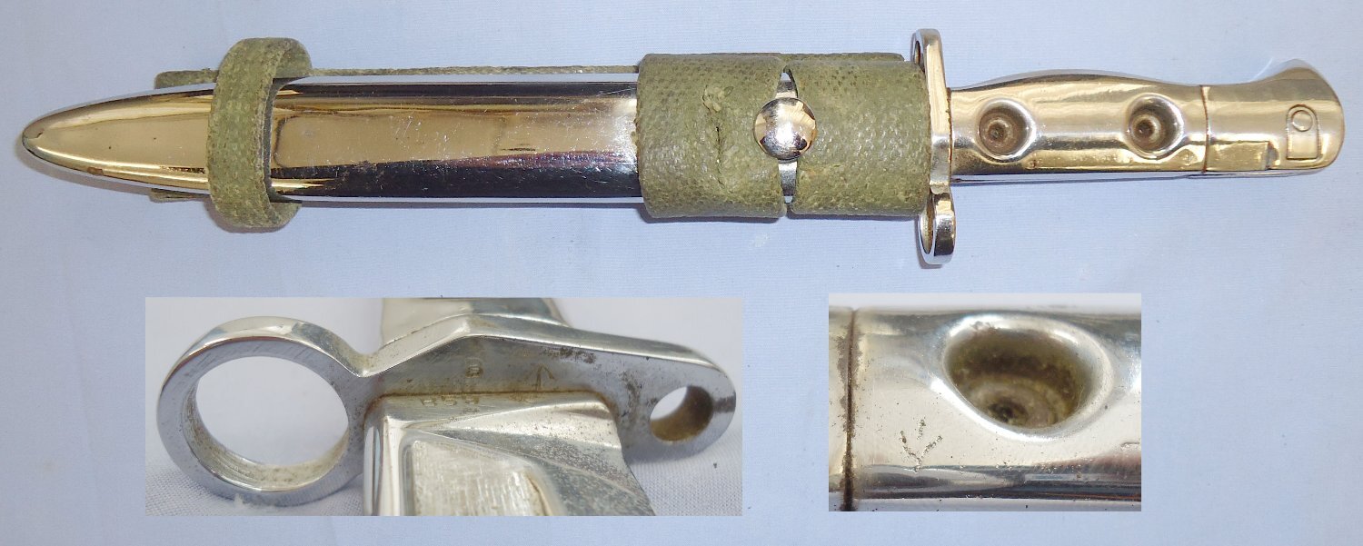British (Chromed for Parade) SLR L1A3 Dated 1959 Bayonet by Birmingham Small Arms with Scabbard and Webbing Frog. BAYO 391. Bayonet