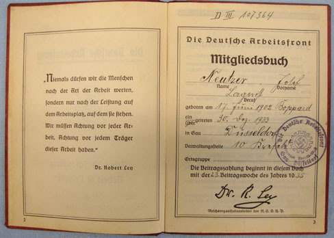 DAF (Deutsche Arbeitsfront) German Workers Syndicate Members ID Book.  DAF (Deutsche Arbeitsfront) German Workers Syndicate Members ID Book.  Other Accessory
