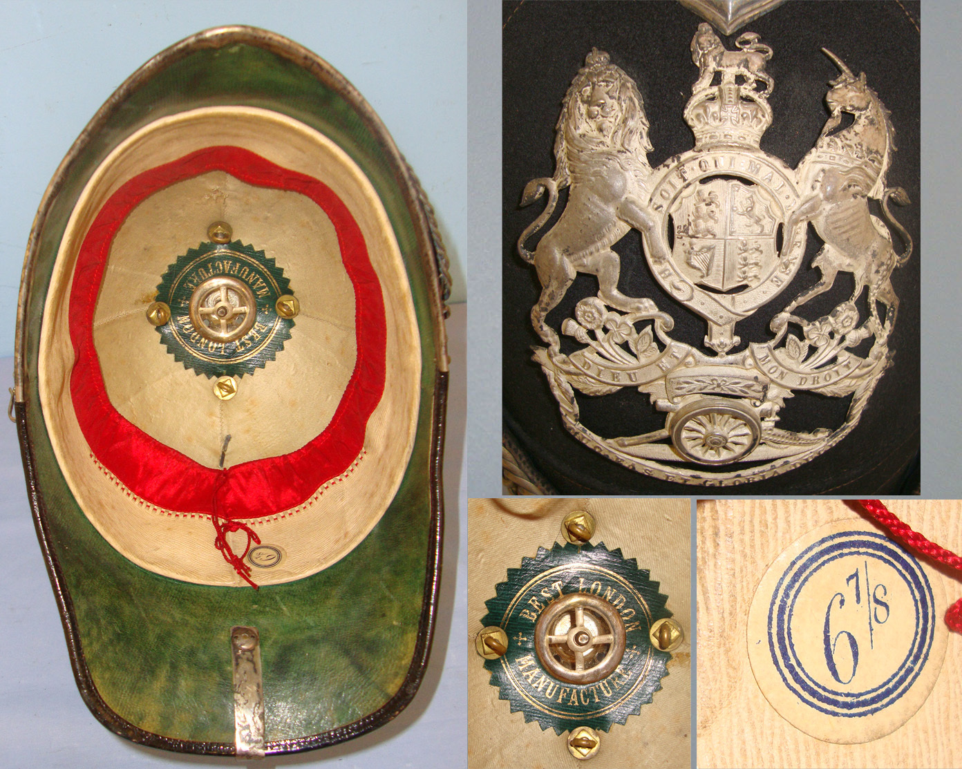 Post 1901 Volunteer Artillery Officer's Home Service Pattern, Blue Cloth Helmet With Ball Top Mount, Silver Plated Fittings & Frosted Silver Helmet Plate. Sn 10946  Clothing