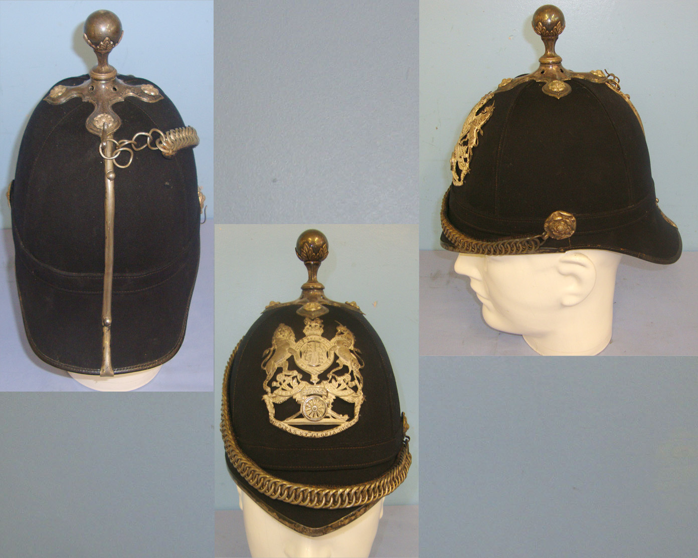  Post 1901 Volunteer Artillery Officer's Home Service Pattern, Blue Cloth Helmet With Ball Top Mount, Silver Plated Fittings & Frosted Silver Helmet Plate. Sn 10946  Clothing
